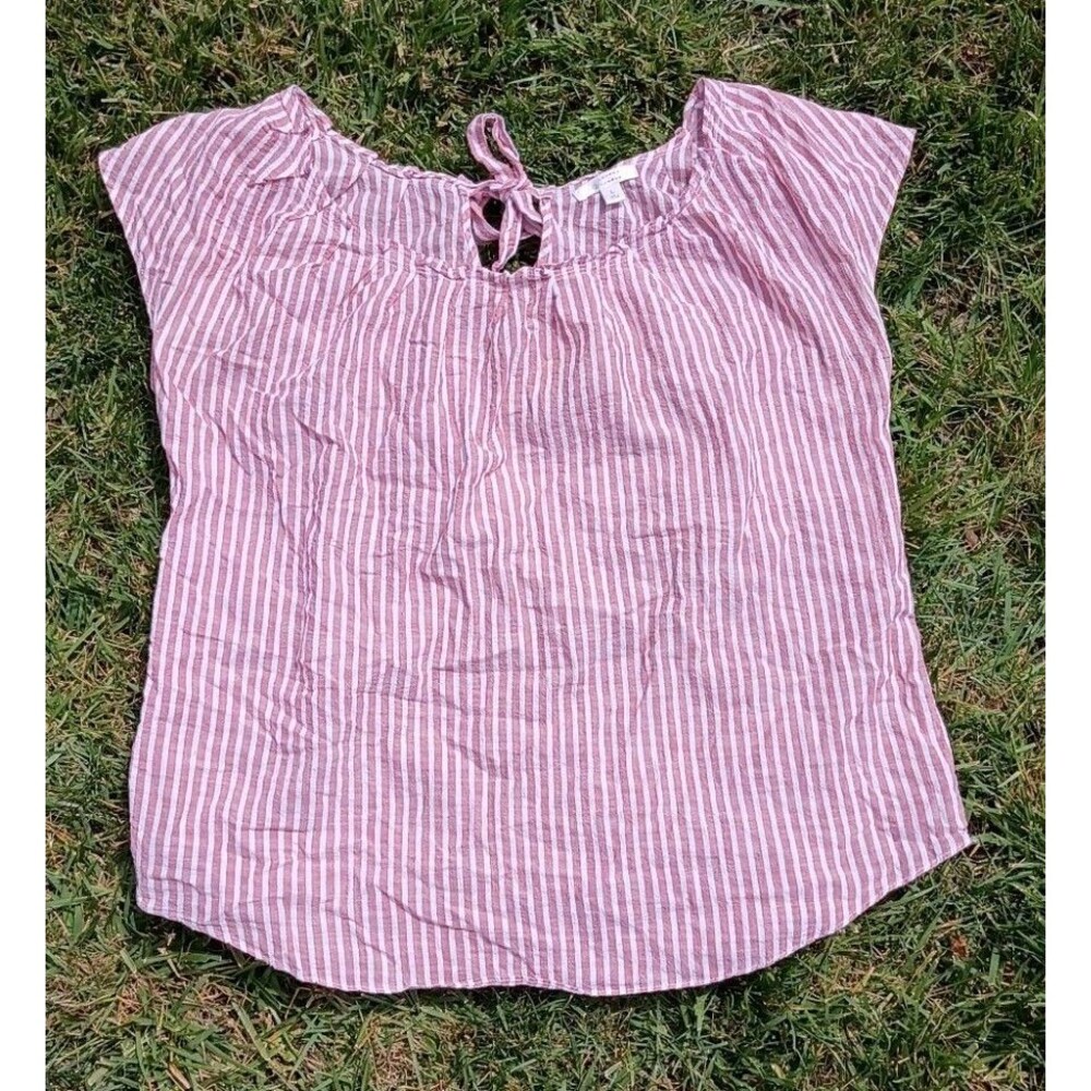 LC Pink White Stripe Linen Blend Peasant Top Cottagecore Boho Large